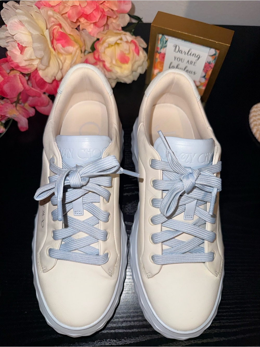Jimmy Choo Leather Sneakers Platform Cream Blue Lace Up Size 37.5 - Picture 2 of 10